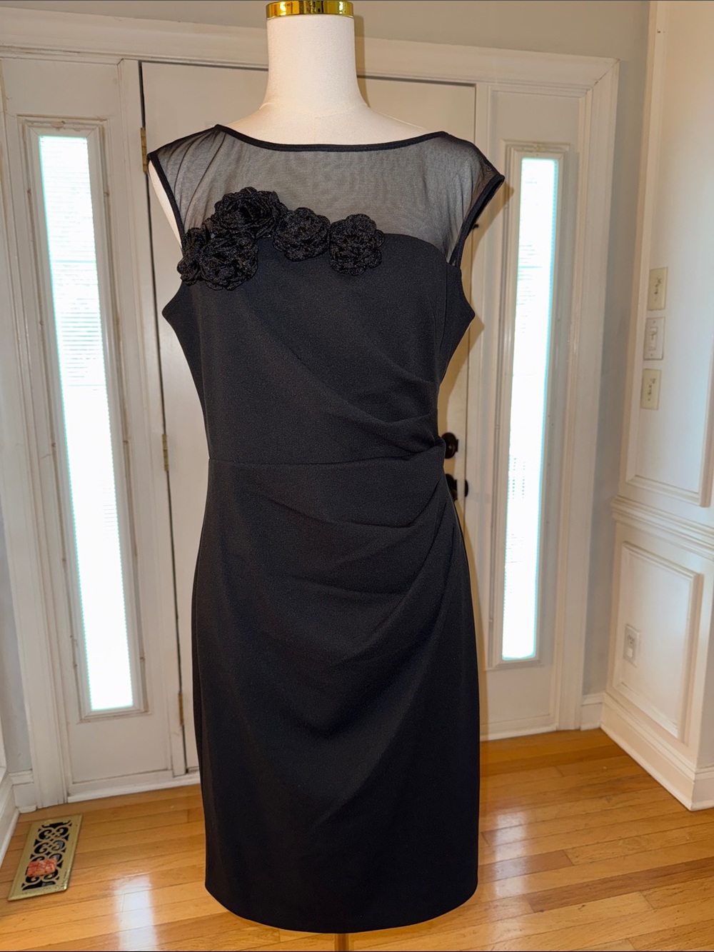 Eliza J Black Sheath Dress with Mesh Yoke and Floral Appliqué